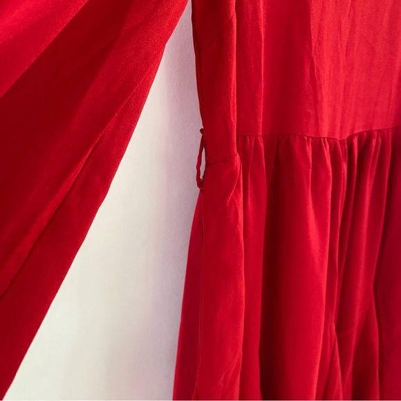 Petite Skater Mini Dress Blouson Long Sleeves Waist Tie Pleated Red 0 - Picture 10 of 16
